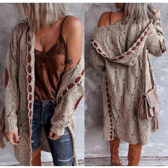 Women's Cable Knit Sweaters Long Sleeve Open Front Hooded Cardigans Long Knitwea - Picture 1 of 9